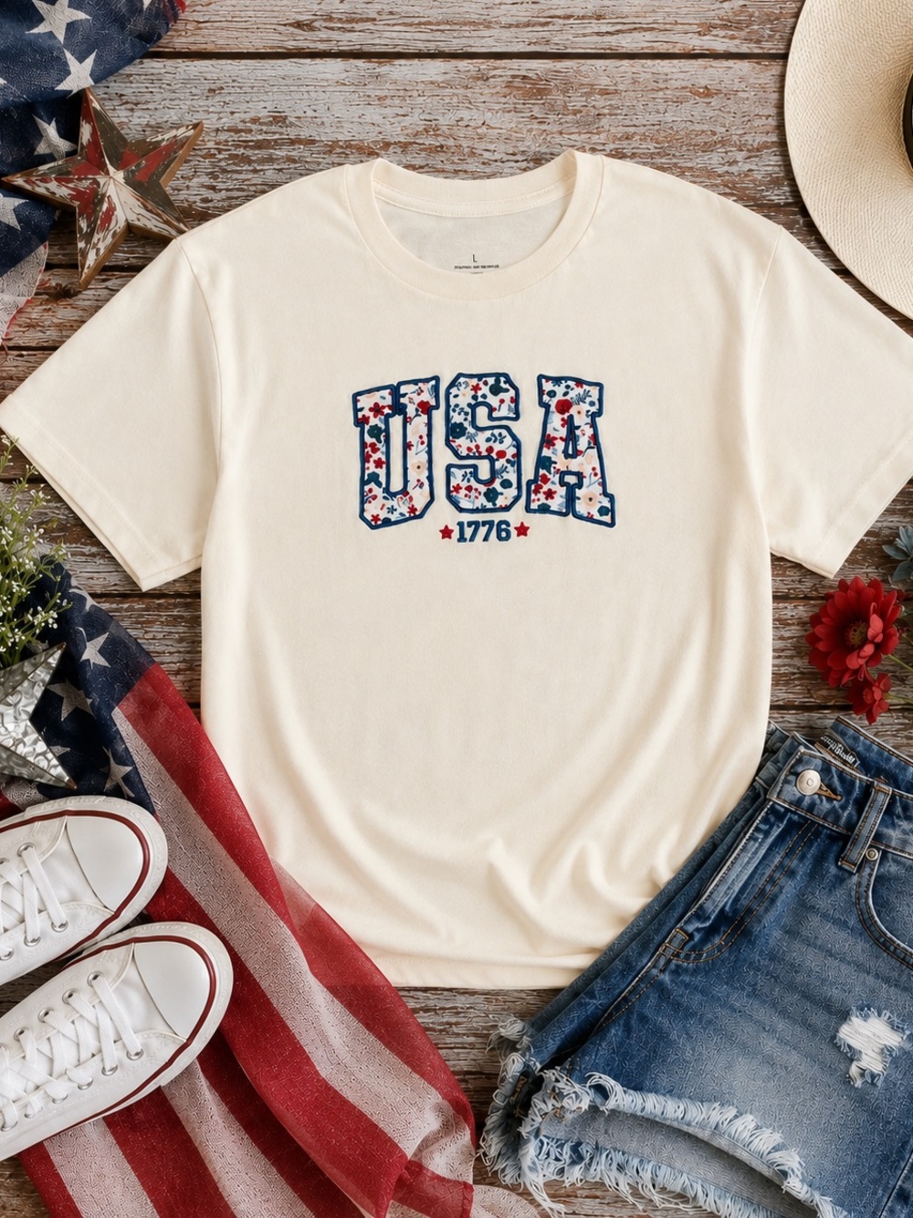 USA 1776 Floral Applique Patriotic Graphic T-Shirt Cream Size Large